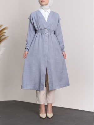 Kolu ve Beli Lastikli Çıtçıtlı Keten Kap -Gri