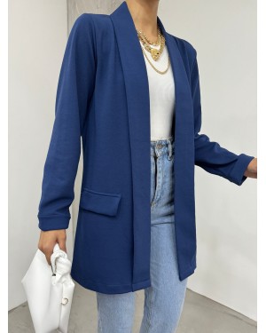 Crepe Jacket with Folded Collar and Sleeves and Pocket Detail -Navy blue