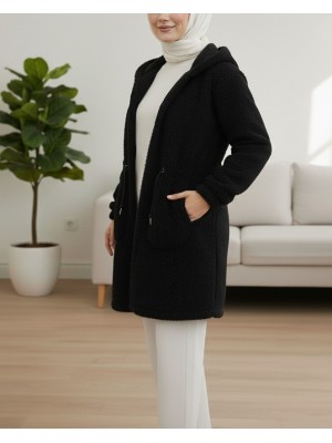 Elastic Waist Hooded Zippered Plush Coat -Black