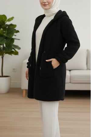 Beli Lastikli Kapşonlu Fermuarlı Peluş Mont -Siyah