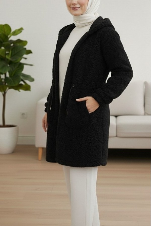 Beli Lastikli Kapşonlu Fermuarlı Peluş Mont -Siyah