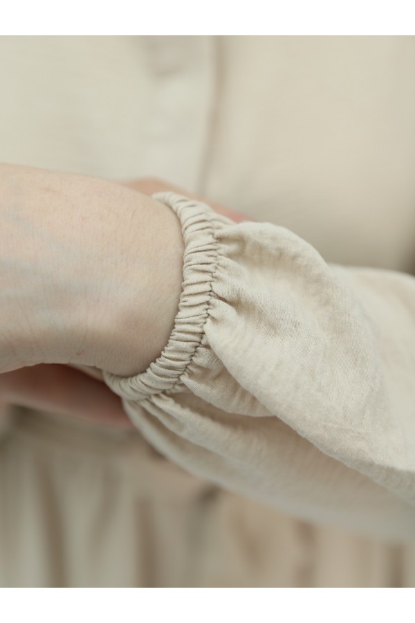 Half Buttoned Dress with Elastic Sleeves and Tie Waist - Beige