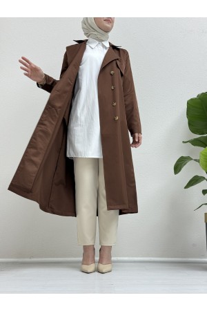 معطف مزدوج الزر شال الكتف الخصر خندق -بني محروق