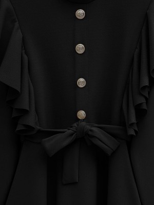 Düğme Detaylı Omuzu Fırfırlı Takım -Siyah