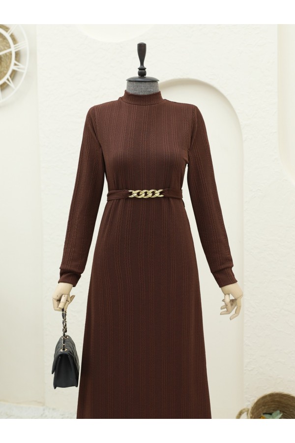 Belted Stand Collar Lycra Long Dress -Brown