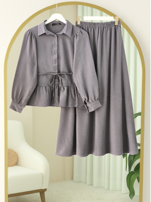 Parçalı Büzgülü Bluz Etekli Takım -Gri