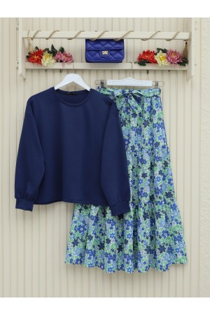 الأزهار منقوشة مربوط بدلة مزدوجة -كحلي