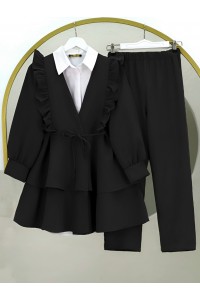 Önü Fırfırlı Bağcıklı Eteği Katlı Pantolonlu Kimono Takım -Siyah