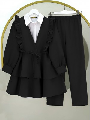 Kimono Set with Frilled Front Laced Skirt and Layered Trousers -Black