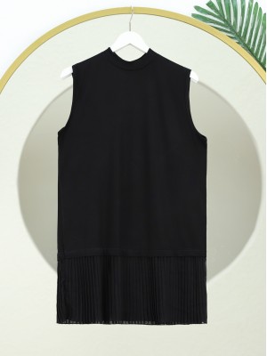 Dik Yaka Eteği Pliseli Penye İçlik -Siyah