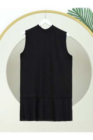 Dik Yaka Eteği Pliseli Penye İçlik -Siyah