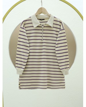 Polo Collar Striped Slit Tunic - Purple