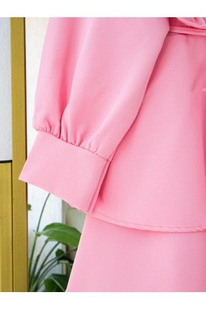 Önü Fırfırlı Bağcıklı Eteği Katlı Pantolonlu Kimono Takım    -Pembe