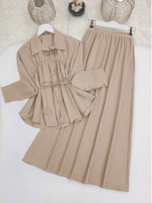 Yakası Ve Beli Bağlamalı Etekli Takım  -Vizon