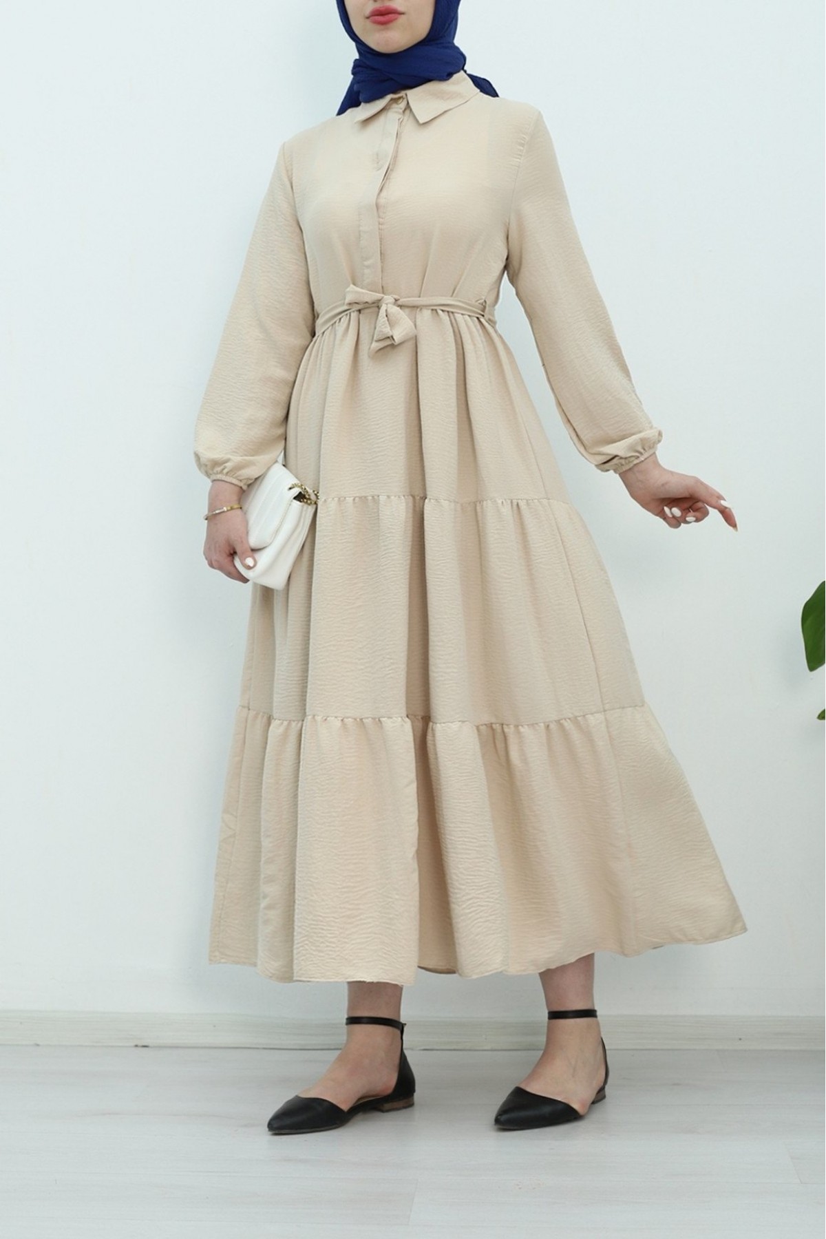 Half Buttoned Dress with Elastic Sleeves and Tie Waist - Beige
