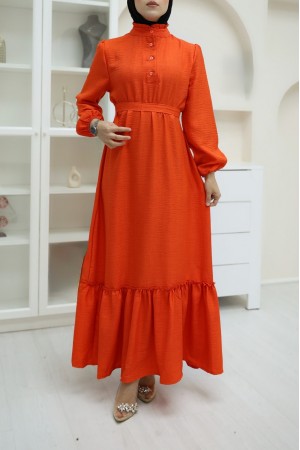 Linen Dress With Ruffled Collar, Button Detail And Pieced Skirt -Orange