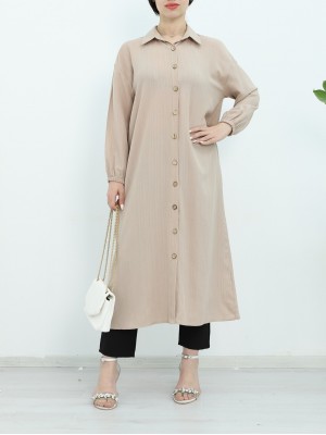 Kolu Lastikli Boydan Düğmeli Uzun Krinkıl Tunik -Bej