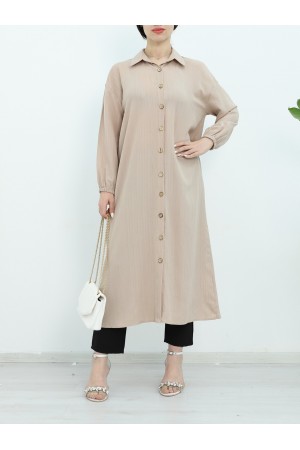 تونيك طويل مجعد بأكمام مرنة وأزرار في كل مكان -اللون البيج