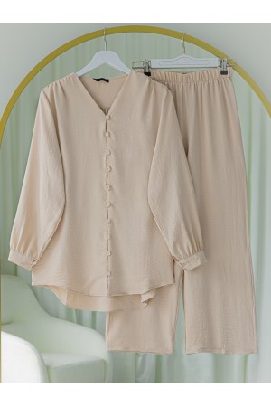 Ayrobin Suit with V-Neck Buttoned Trousers - Beige