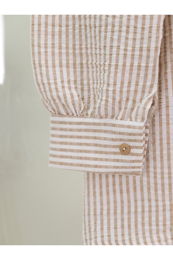 Buttoned Lace-Up Striped Crepe Shirt -Mink color