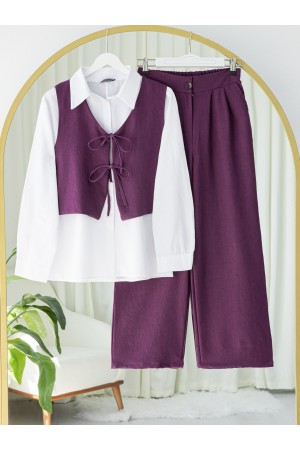 Önü Bağcıklı Pantolon Yelek İkili Keten Takım  -Mürdüm