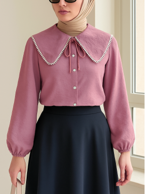 Bebe Yaka Dantelli Kolu Lastikli Gömlek -Pudra