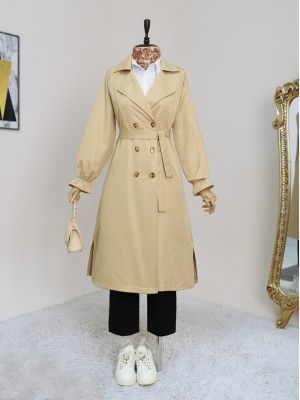 Çift Düğmeli Manşeti Lastikli Belden Bağlamalı Trençkot -Açık Vizon