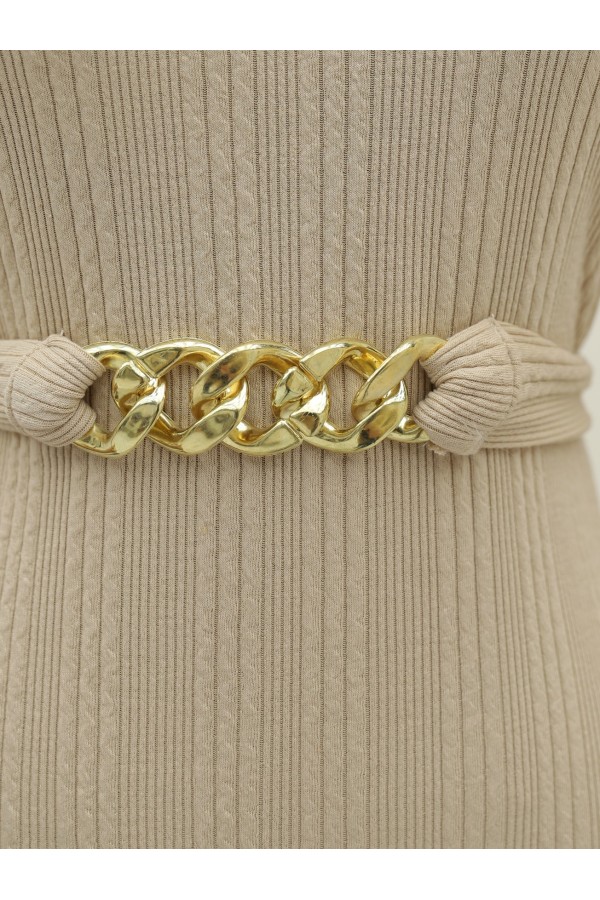 Belted Stand Collar Lycra Long Dress - Beige