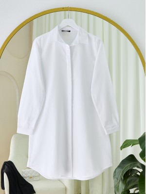 Gizli Düğmeli Oval Kesim Uzun Gömlek -Beyaz