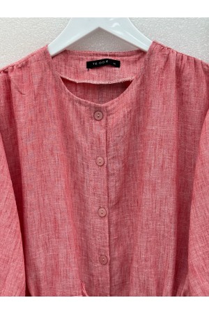 Linen Suit with Buttoned Front and Elasticated Arms and Tunnel Laces -Garnet Color