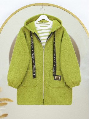 Kapşonlu Fermuarlı Çift Cepli Armalı Buklet Kaban -Yağ Yeşili