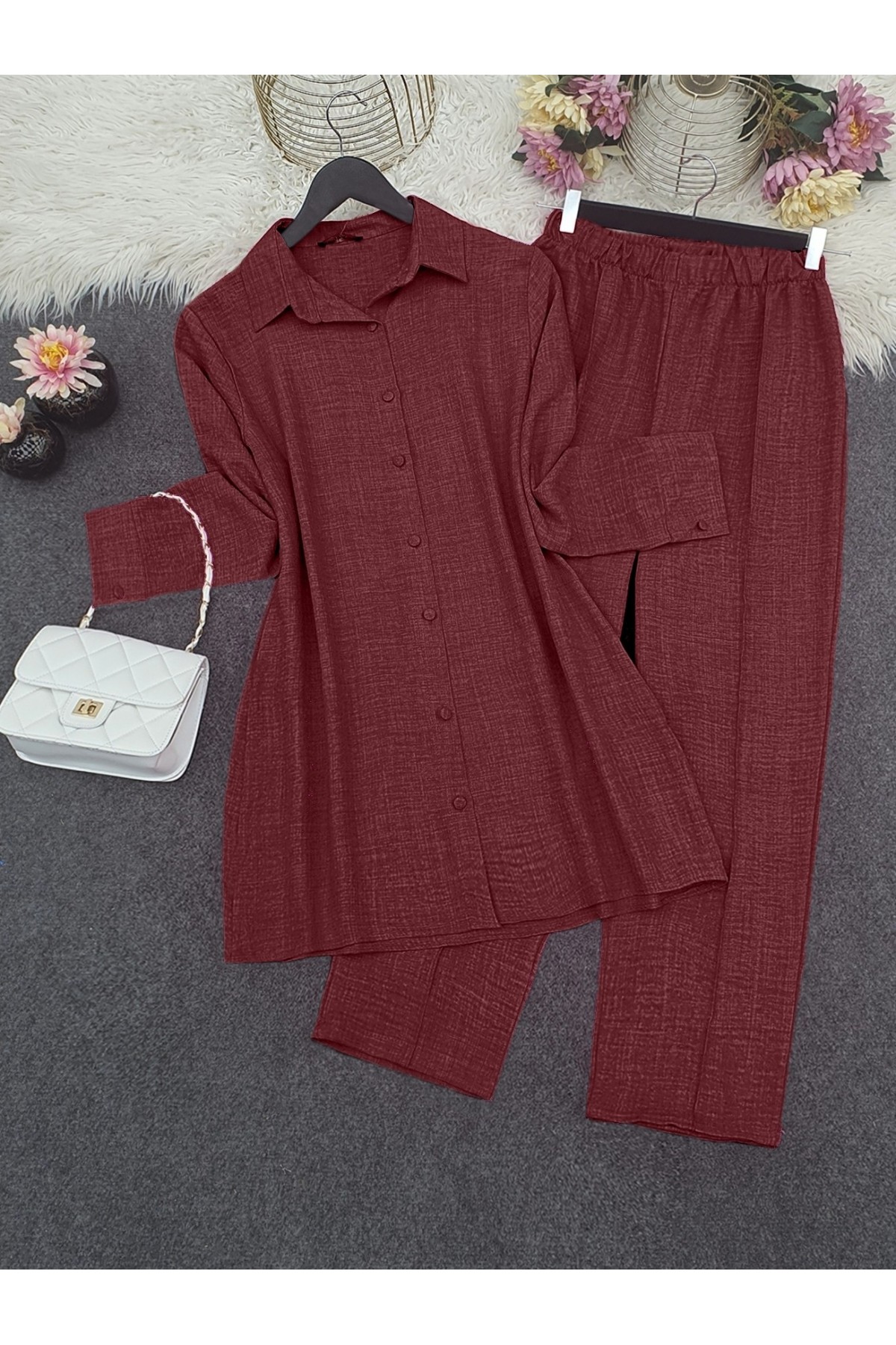 Top Button Shirt and Trousers Set   -Maroon