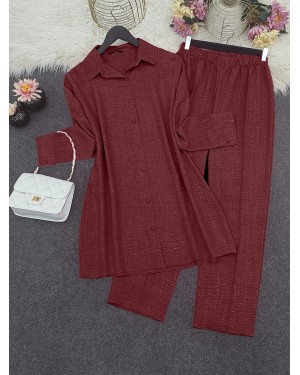 Top Düğme Gömlek Pantolonlu Takım   -Bordo
