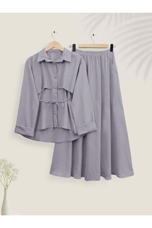 Ayrobin Suit with Top Button Belt and Skirt  -Grey
