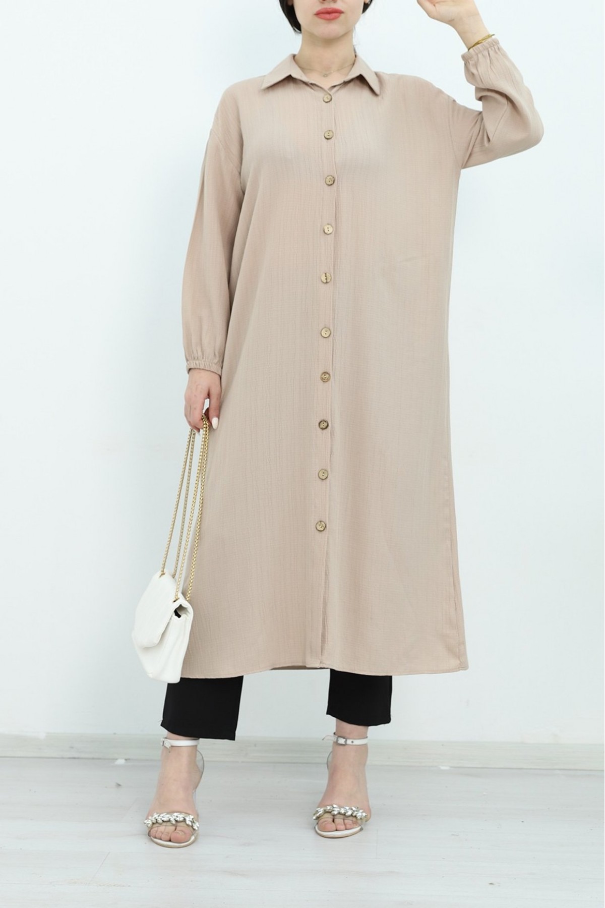 Long Crinkle Tunic with Elastic Sleeves and Buttons throughout - Beige