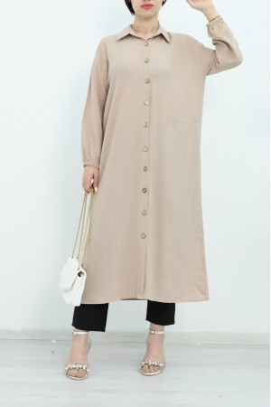 Kolu Lastikli Boydan Düğmeli Uzun Krinkıl Tunik -Bej