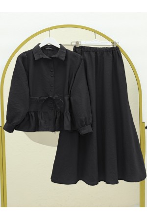 Eteği Fırfırlı Kemerli İkili Takım -Siyah