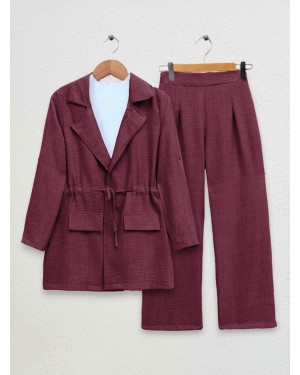 Kapaklı Tünel Köprülü Ceketli Keten Takım     -Bordo