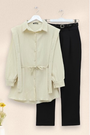 İnci Düğmeli Omuzu Ve Beli Bağlamalı Krinkıl Gömlek -Bej