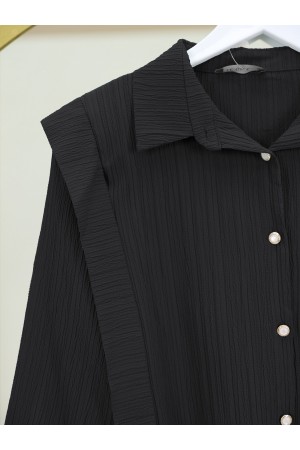 Pearl Buttoned Shoulder and Waist Tied Crinkle Shirt -Black