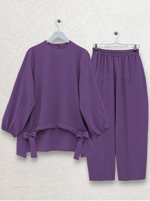 Önden Büzmeli Şalvar Pantolon Ayrobin Salaş Takım   -Lila