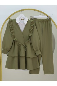 Önü Fırfırlı Bağcıklı Eteği Katlı Pantolonlu Kimono Takım -Haki