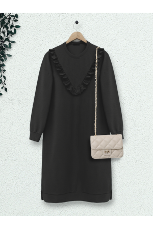 Robadan Dantel Fırfırlı Uzun Tunik -Siyah