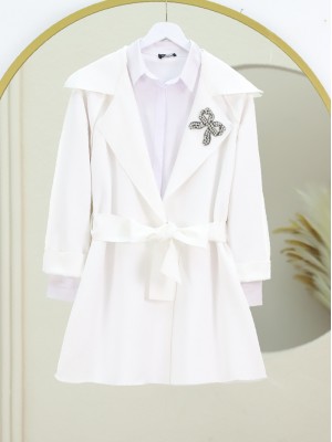 Scuba Kimono with Stone Crest and Belt -White