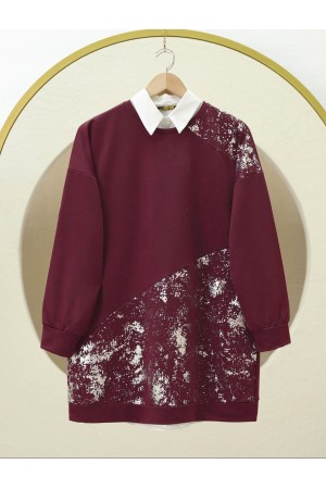 Gümüş Baskılı Parçalı Bisiklet Yaka Tunik  -Bordo
