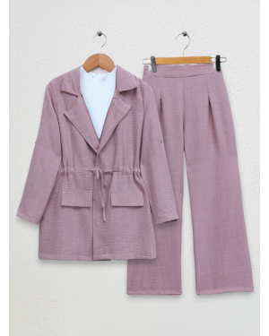 Kapaklı Tünel Köprülü Ceketli Keten Takım  -Pudra