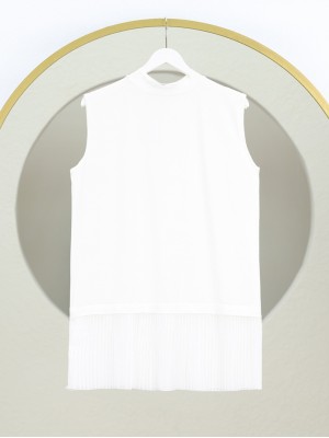 Dik Yaka Eteği Pliseli Penye İçlik  -Beyaz