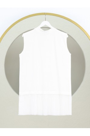 Dik Yaka Eteği Pliseli Penye İçlik  -Beyaz