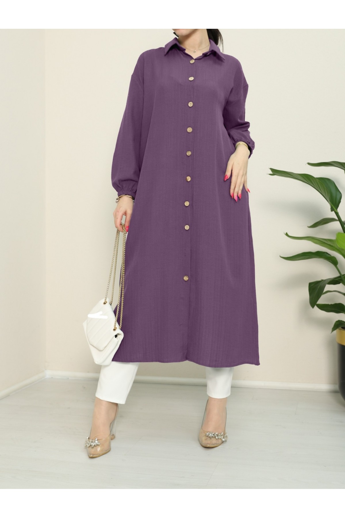 Long Crinkle Tunic with Elastic Sleeves and Buttons throughout -Damson