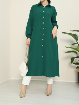 Kolu Lastikli Boydan Düğmeli Uzun Krinkıl Tunik -Zümrüt